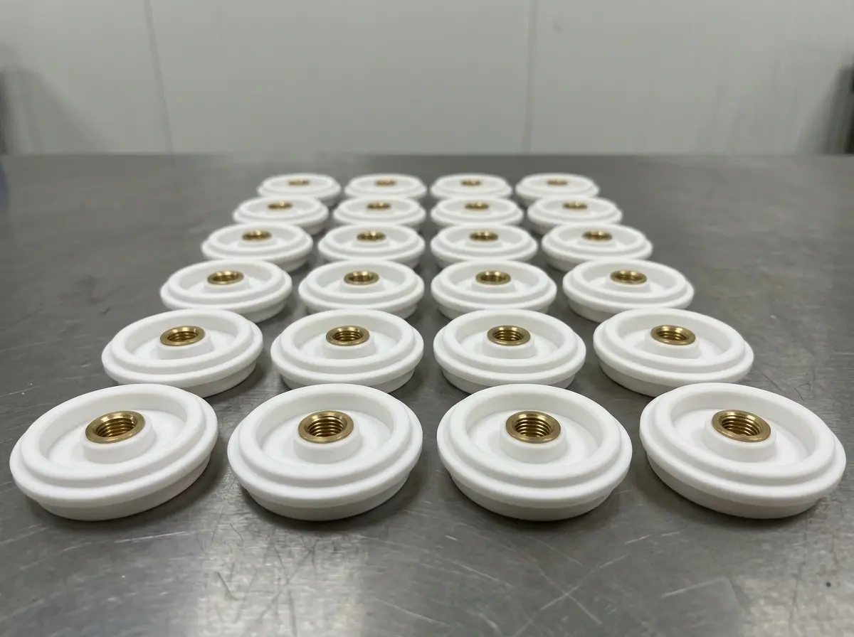 White insert-moulded plastic parts with central brass threaded inserts