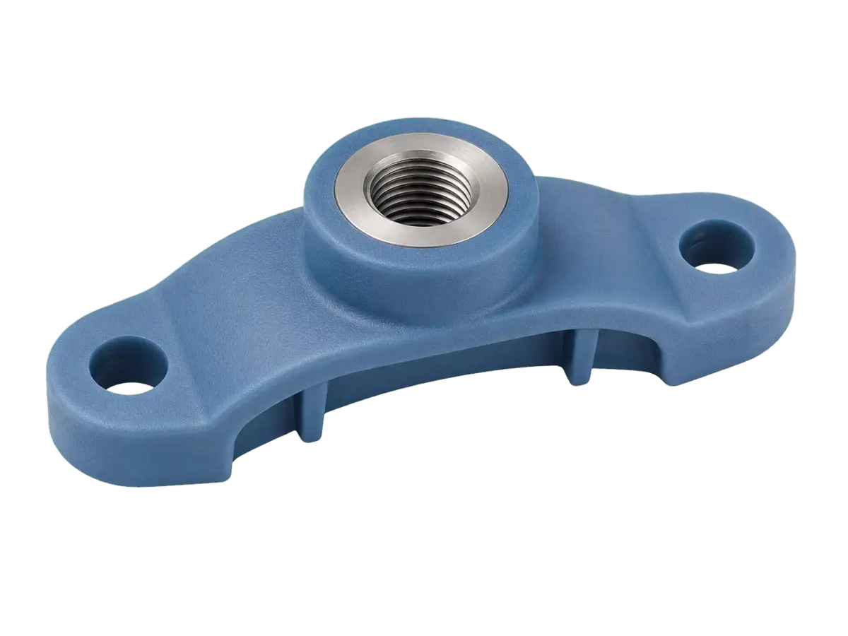 Blue insert-moulded mounting bracket with a stainless steel threaded insert