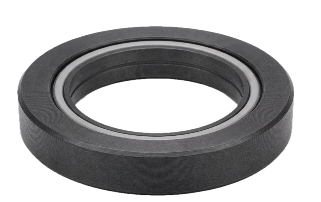 Black moulded rubber shaft seal with smooth metal reinforcement ring