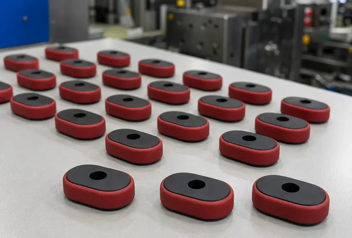 Red and black overmoulded industrial adjustment knobs arranged for inspection